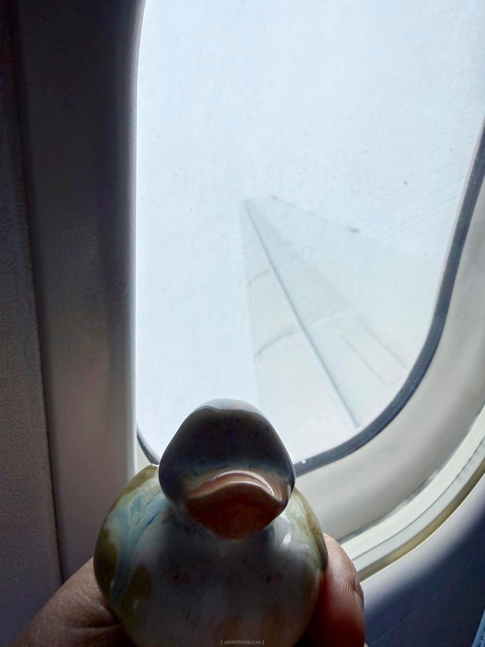 A ceramic duck figurine held up against an airplane window with the wing visible through clouds.