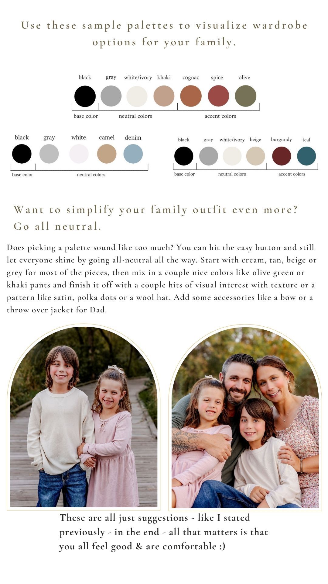 Family photo guide showing color palette options and neutral outfit coordination tips for professional family portraits.