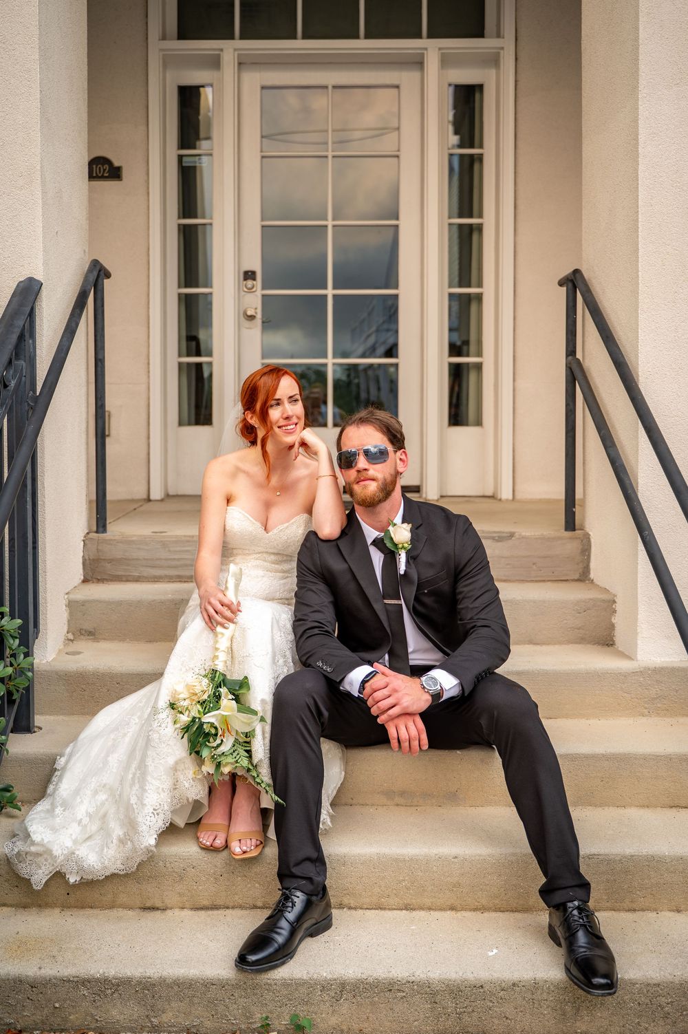 Bride and groom sit casually on stone steps in a creative four-panel wedding photo sequence.