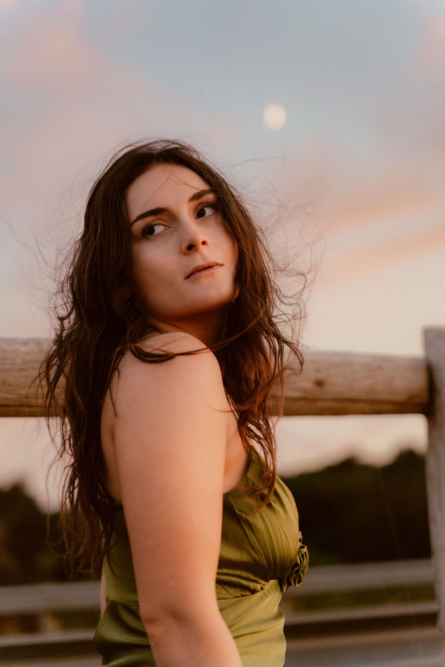 A side view portrait against a wooden fence at dusk with pink clouds in the background.