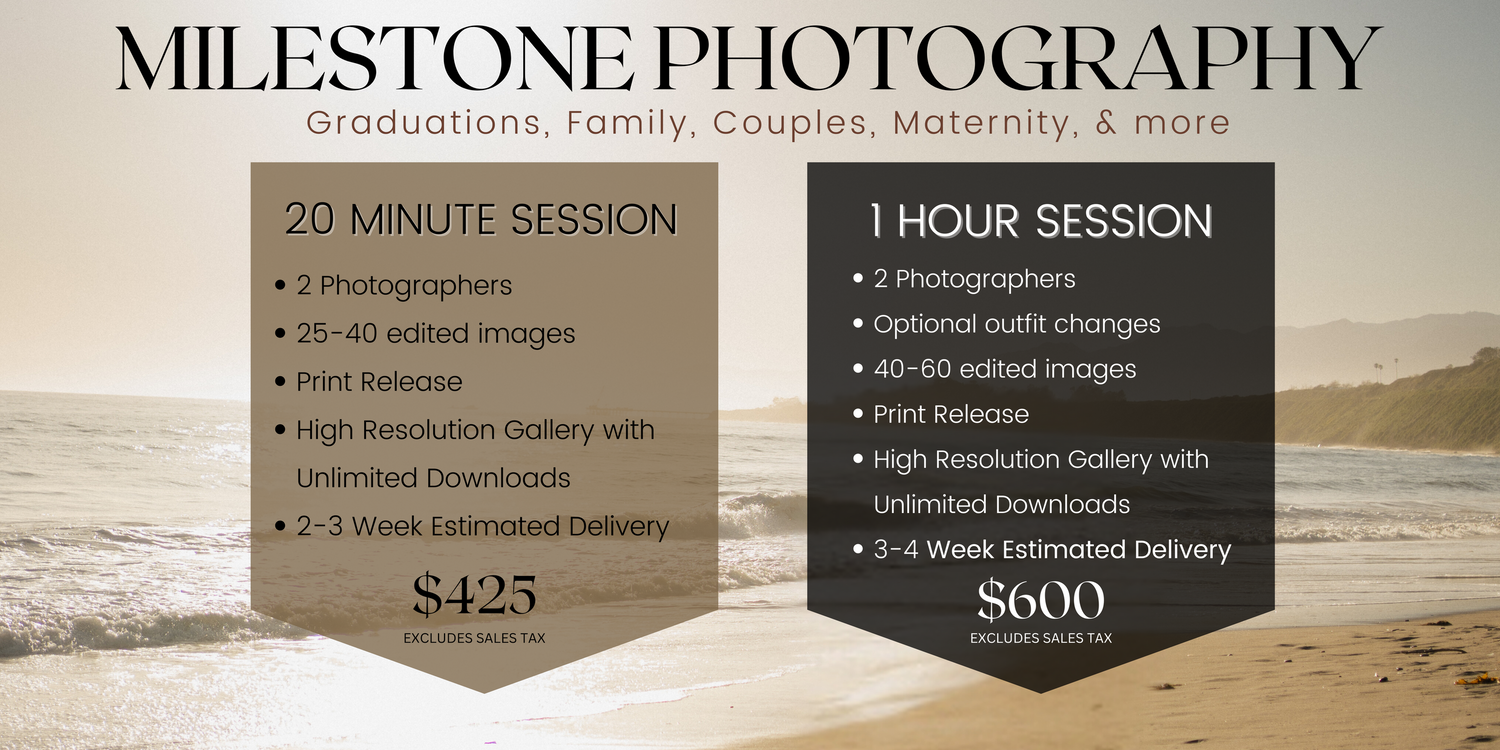 Photography pricing menu showing two session options at $425 and $800 on a beach background with tan and black panels.