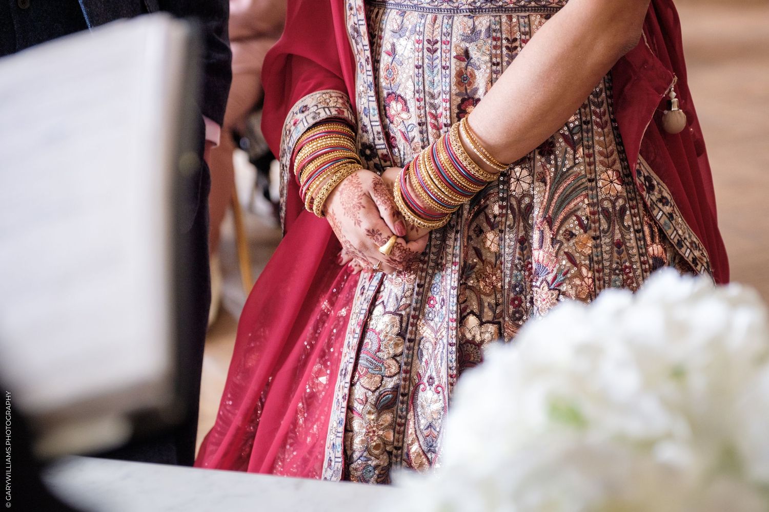 Close-up of hands adorned with bangles and traditional Indian bridal jewelry against a red and white outfit.