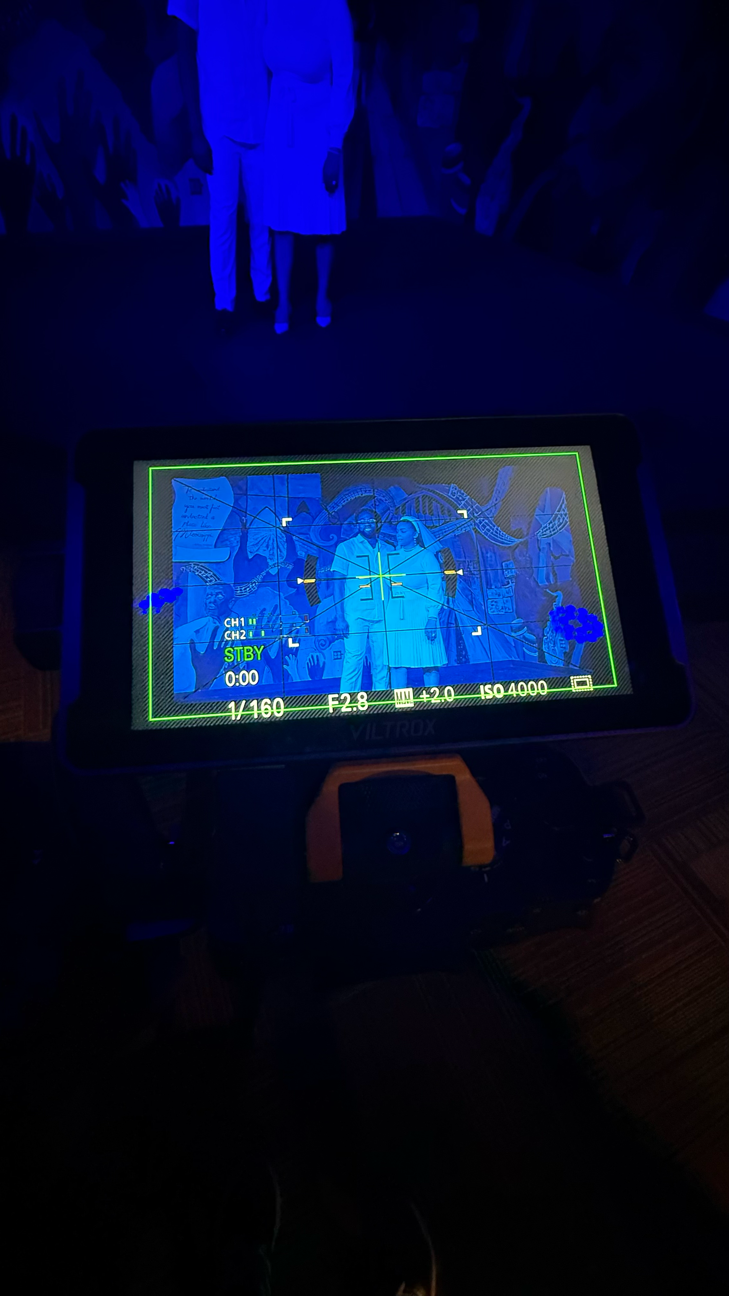 Camera monitor displaying live feed with blue lighting, showing settings.