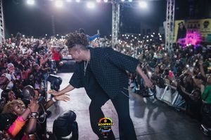 A performer leans towards an energetic crowd during a nighttime concert with bright stage lights illuminating the scene.