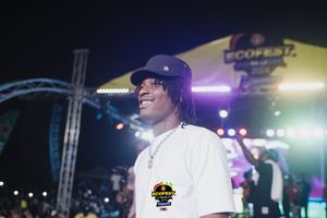 Performer in white t-shirt and purple baseball cap smiling on stage at night with colorful lighting in background.