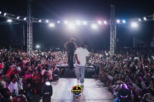Performers on stage facing a large outdoor crowd at night with bright stage lights illuminating the scene.