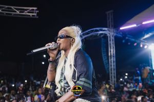 Performer in sunglasses and blonde hair singing into microphone on outdoor festival stage at night.