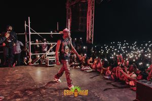 A performer in red outfit energetically dances on stage while crowd holds up glowing phone lights in the audience.