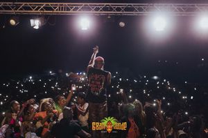 Concert performer stands on stage with illuminated crowd holding up phone lights during nighttime performance.