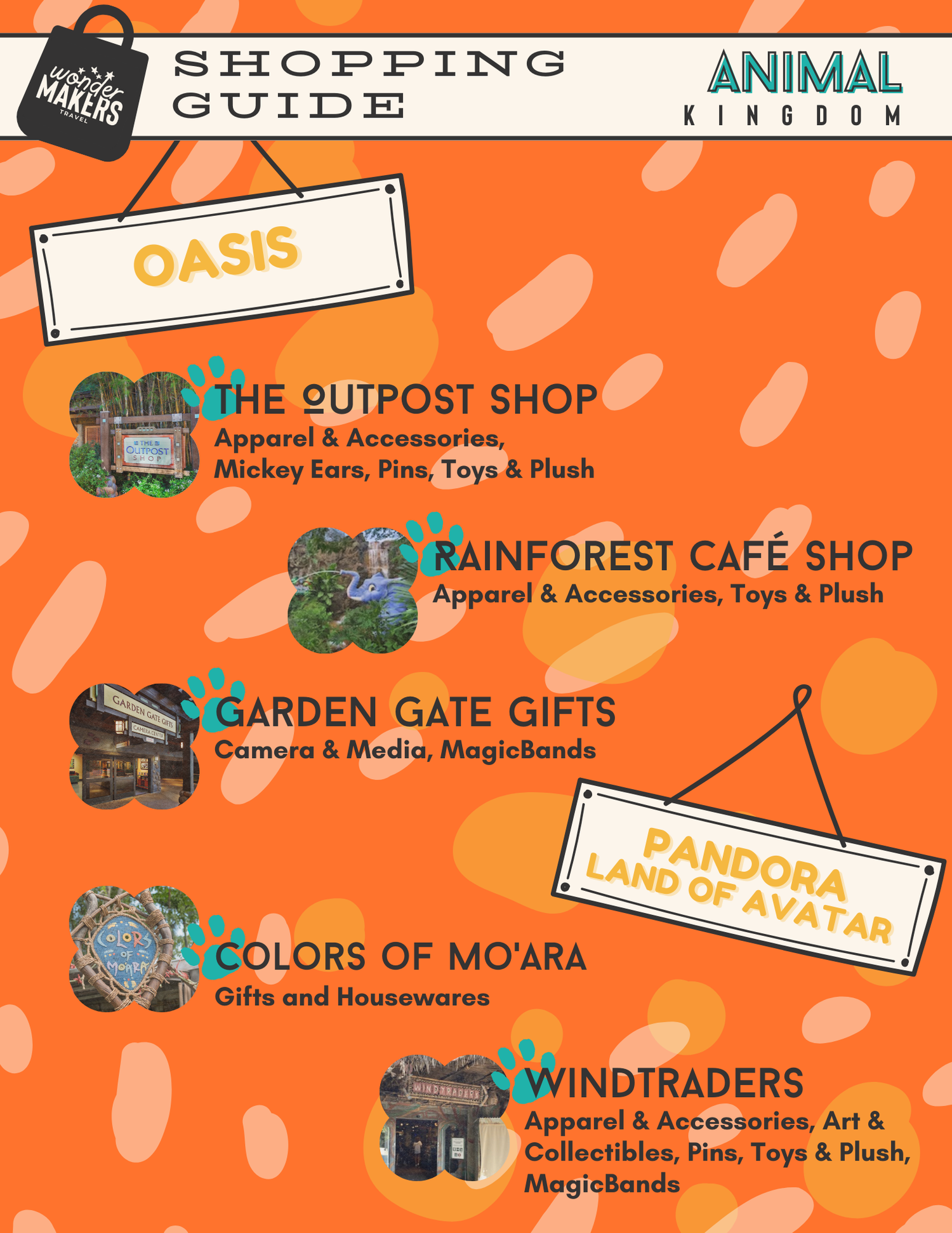 Shopping guide map showing retail locations in Animal Kingdom's Asia and Oasis areas.