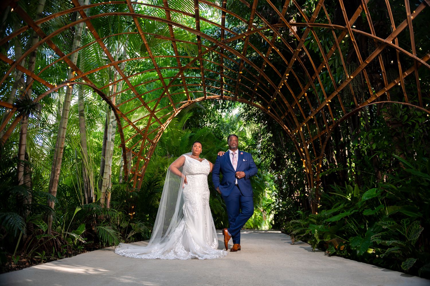 Bride and groom posed in an editorial style against Miami’s Art Deco architecture.