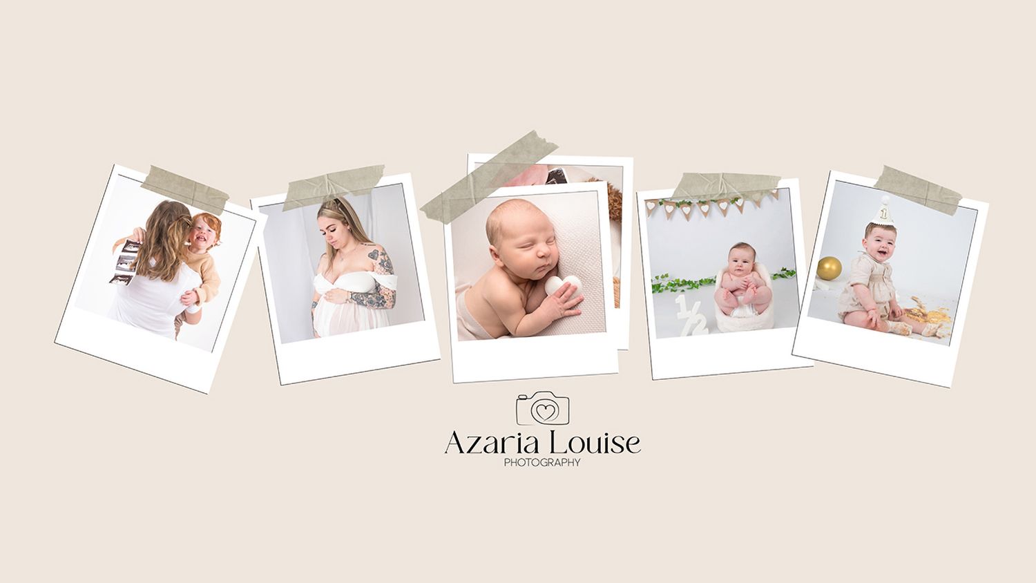 A collection of five polaroid-style baby photos arranged in a row against a soft beige background with studio branding below.