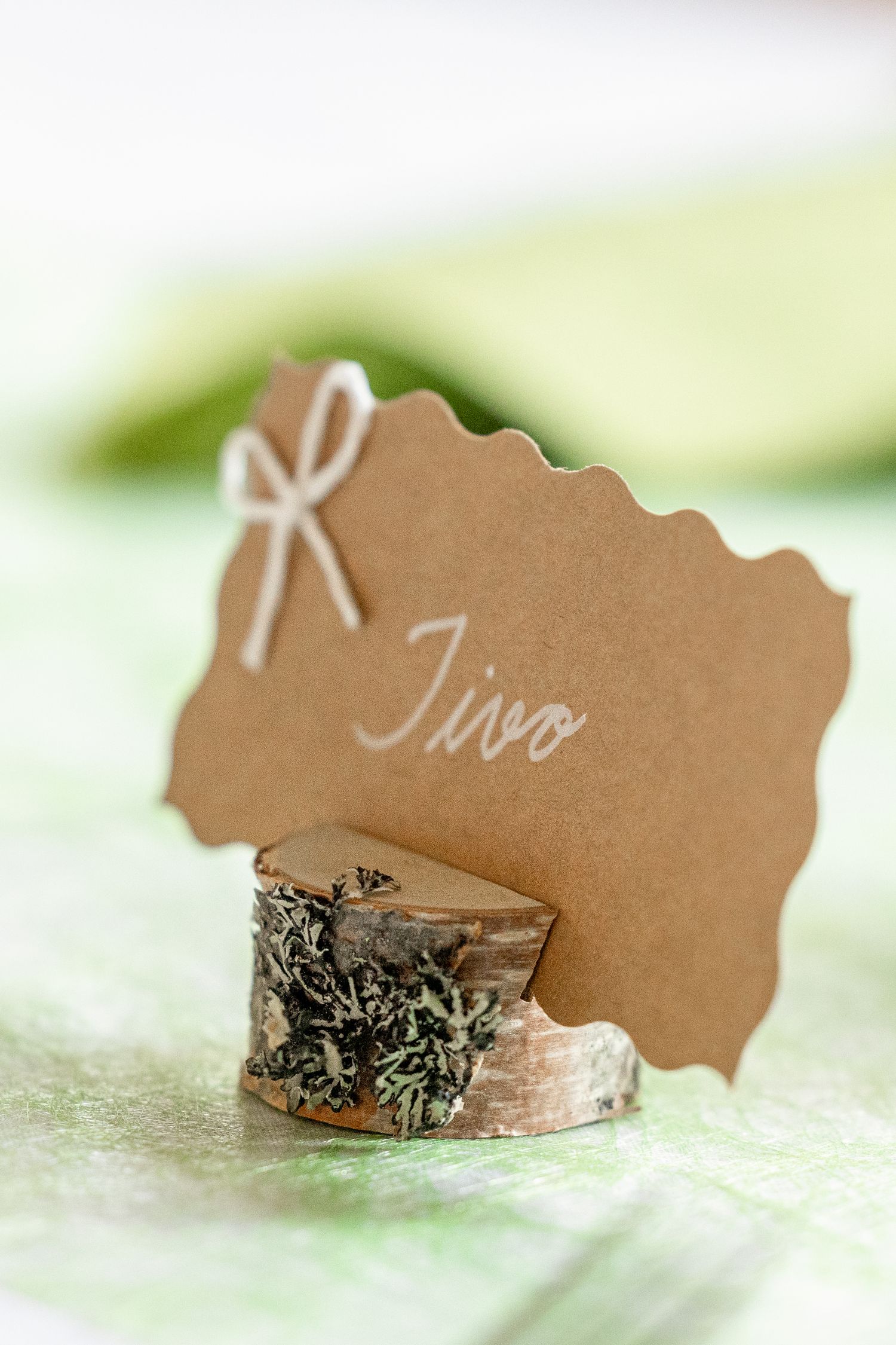 Rustic wooden log place card holder with kraft paper name card reading Jivo, tied with a white bow on green table.