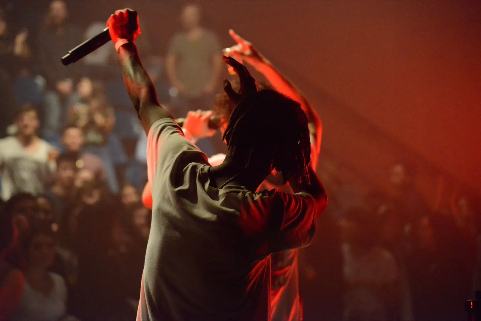 Chanteur de dos, bras levé vers le ciel dans un halo lumineux rouge, face à une foule dense et dynamique.