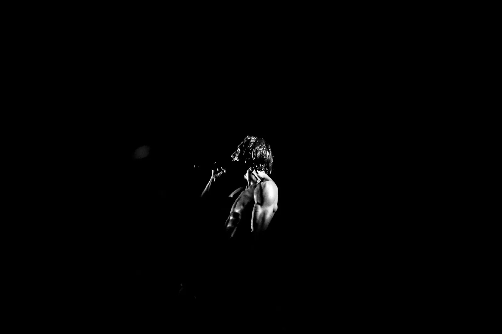 Un chanteur capturé de profil, concentré sur son interprétation, mis en valeur par un éclairage directionnel dans un environnement noir.
