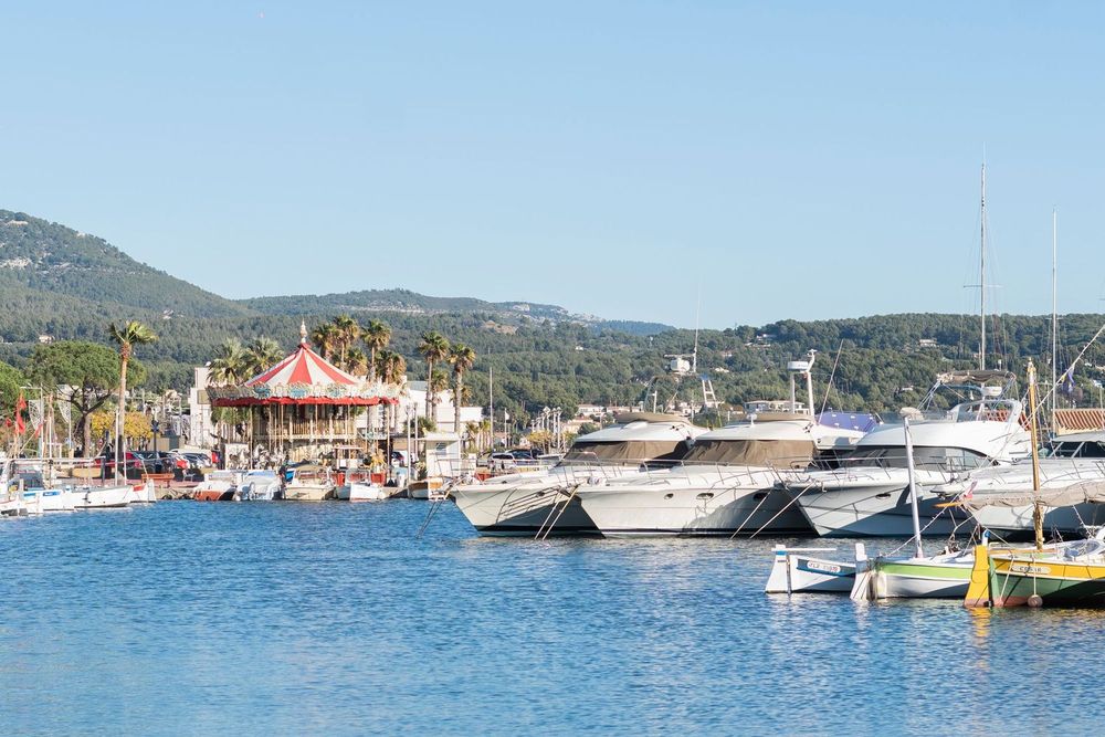Luxury yachts and boats docked at a Mediterranean marina with palm trees and mountains in the background.