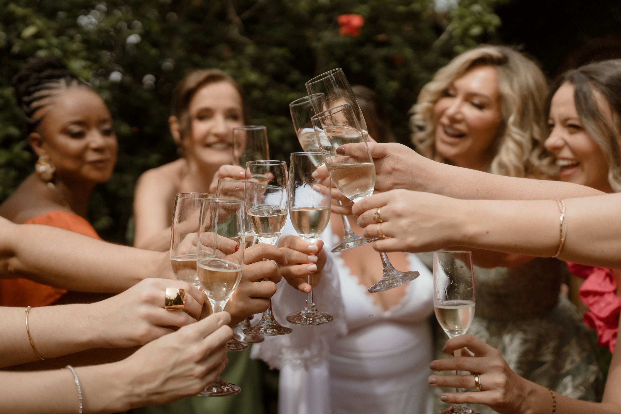 Group toasting with wine glasses at an outdoor celebration.