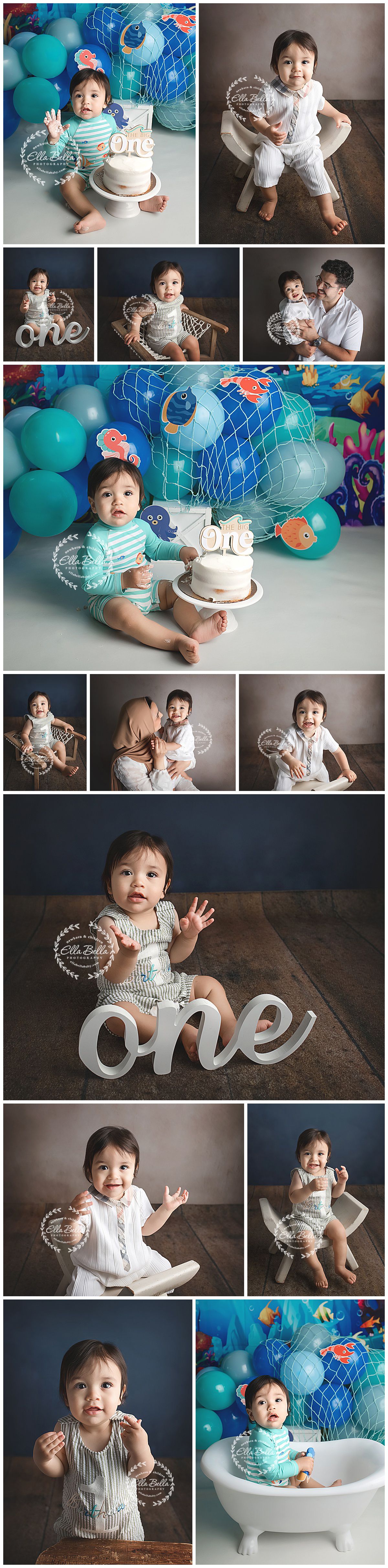 First birthday cake smash photo session with blue and teal under the sea theme decorations and balloons.