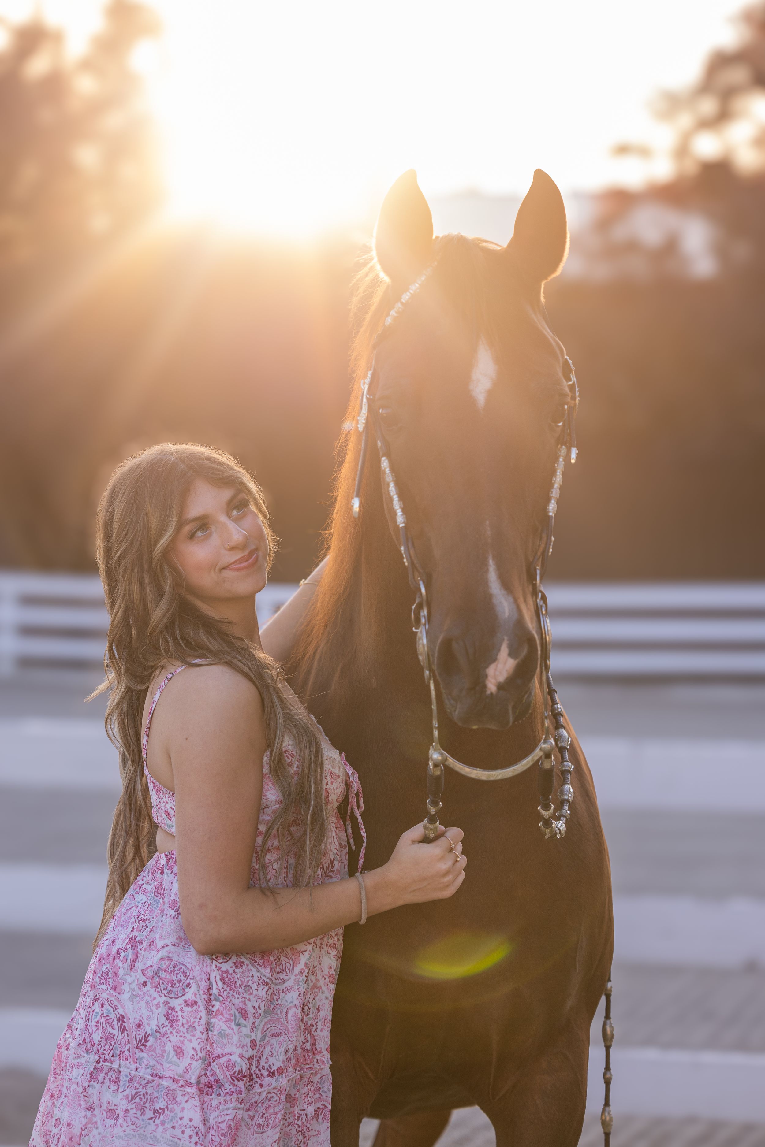 Woman in floral dress poses with black horse during golden sunset with lens flare.