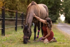 Farrier performs routine hoof care and maintenance on a horse in a grassy outdoor setting.
