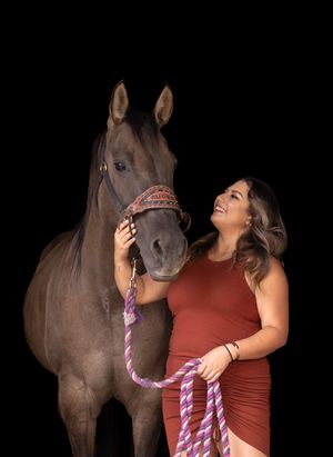 A series of dark studio portraits showing a person in a rust-colored top interacting affectionately with a brown horse.