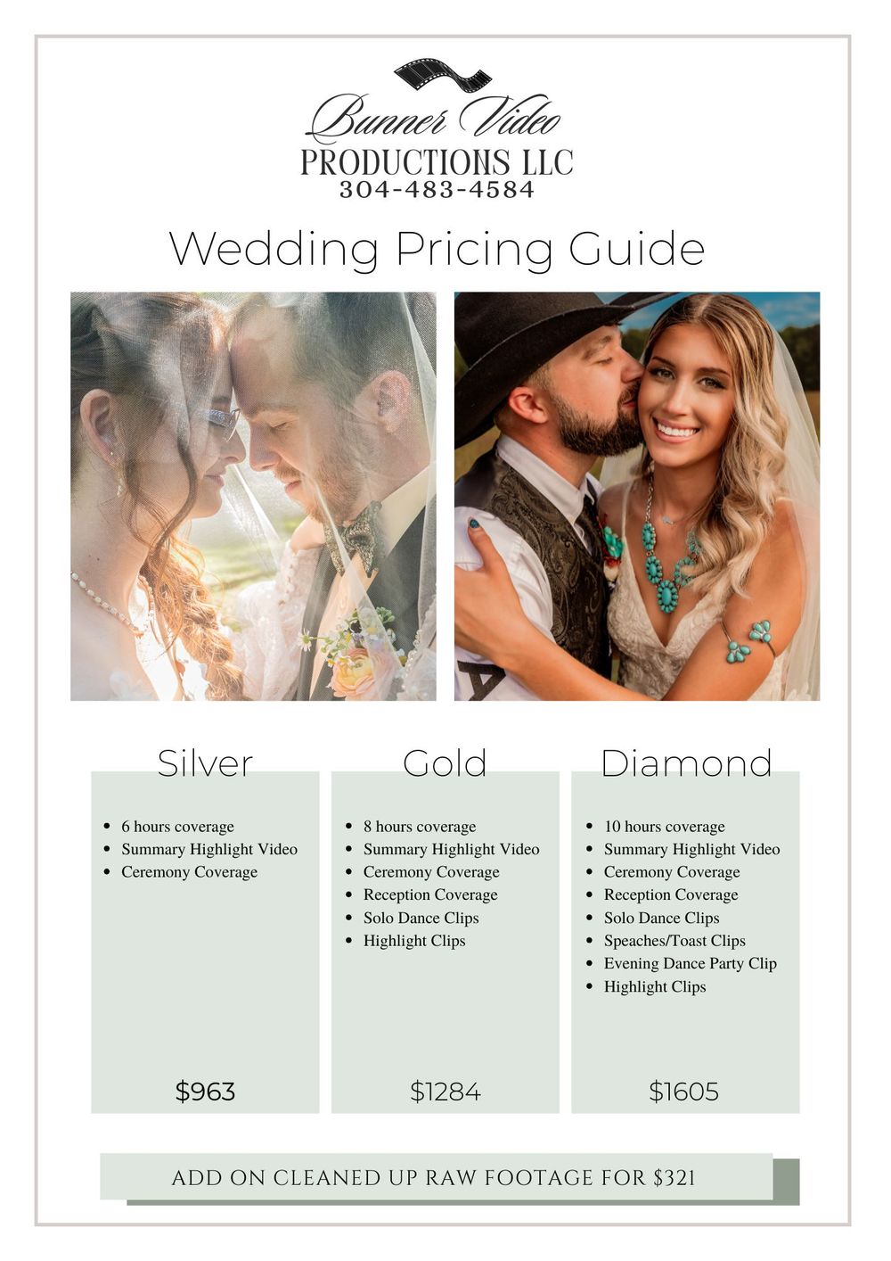 Wedding photography pricing guide showing three tiers - Silver, Gold, and Diamond packages with sample photos and pricing details.
