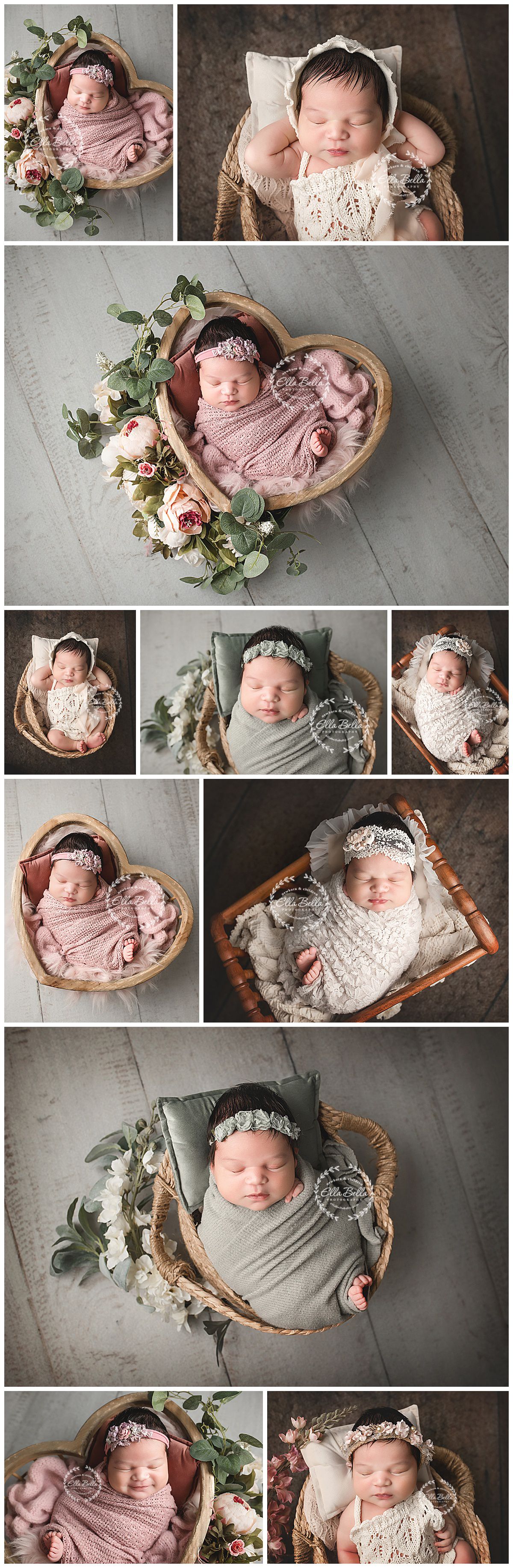 Newborn photography collage featuring rustic wooden bowls, soft pink and gray wraps, delicate headbands, and floral accents.