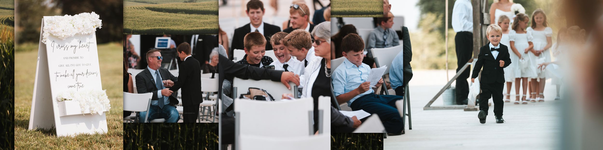 A collection of wedding photographs arranged in a horizontal filmstrip showing various moments from the celebration.