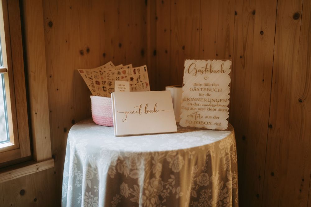 Rustic wooden guestbook table with vintage decor at wedding reception.