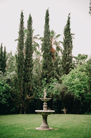 A stone fountain stands in a serene garden surrounded by tall cypress trees and lush green landscaping.