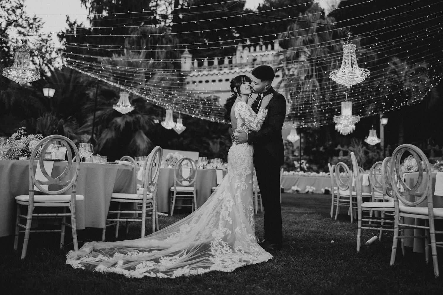 Black and white wedding photo collage showing reception details, dancing, and outdoor celebration moments.