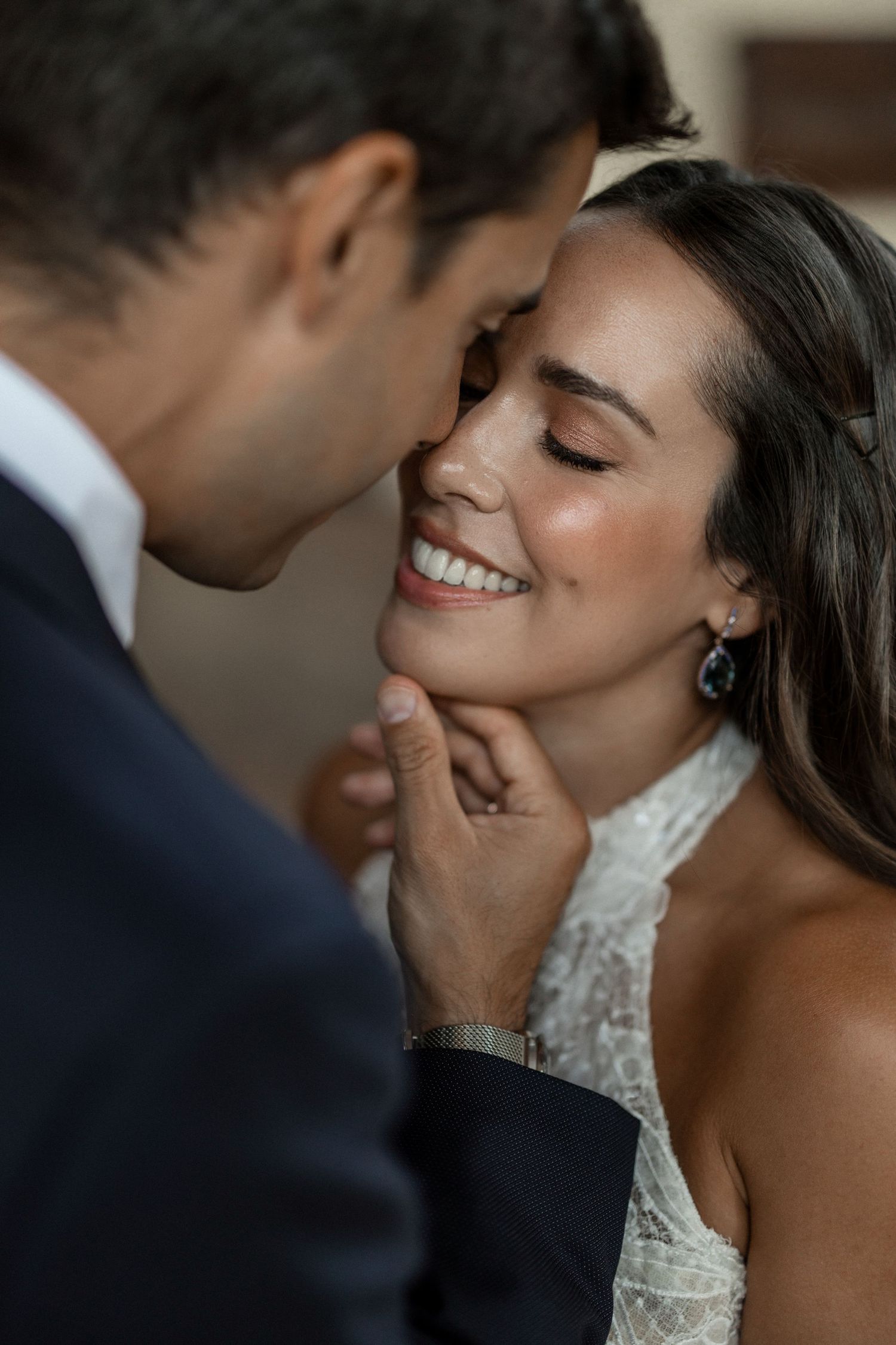 Romantic close-up sequence of newlyweds sharing an intimate moment in formal wedding attire.