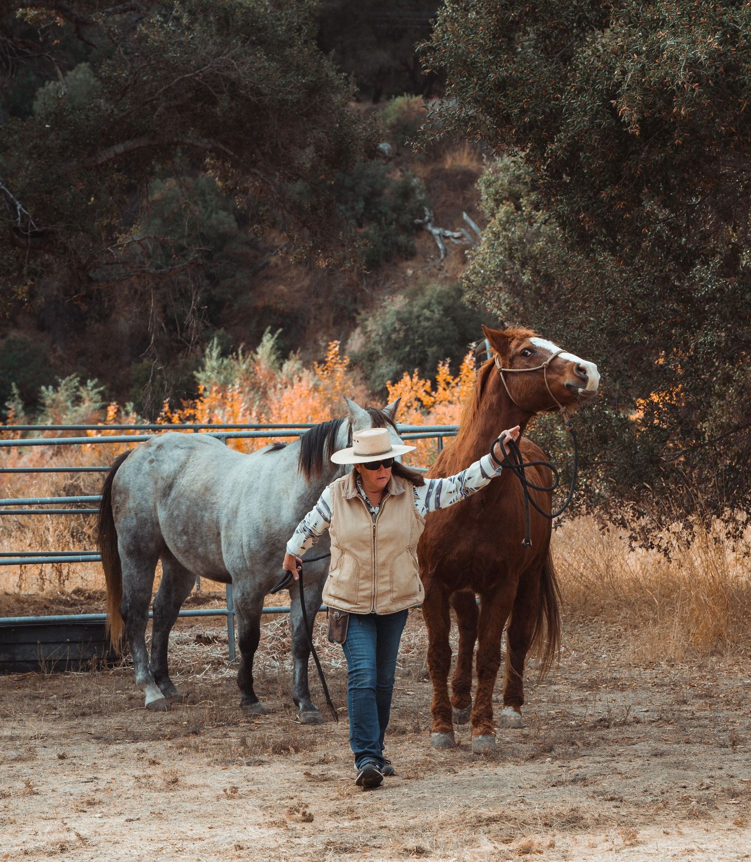 Person in hat and jeans operates landscaping equipment near wooden fence.