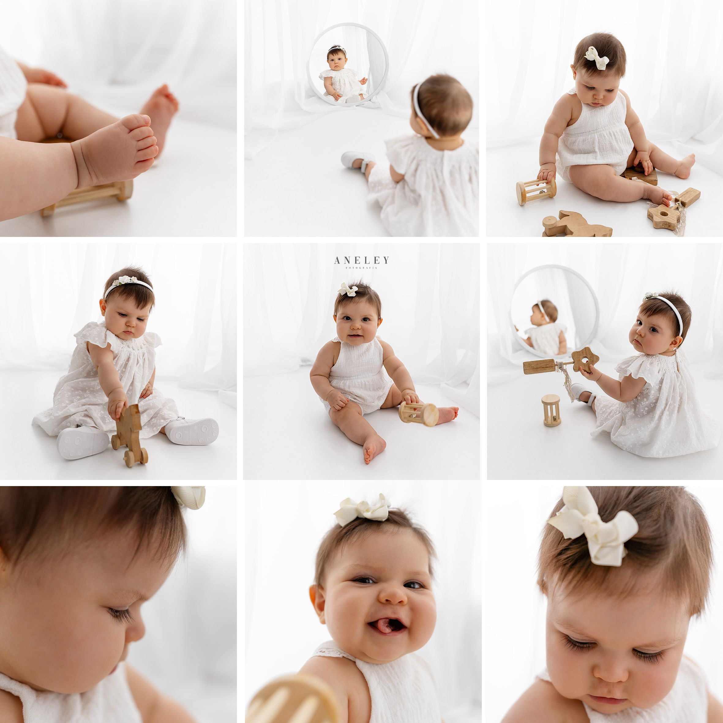 Sweet baby photo collage with nine minimalist lifestyle portraits against clean white backgrounds showing play and development.