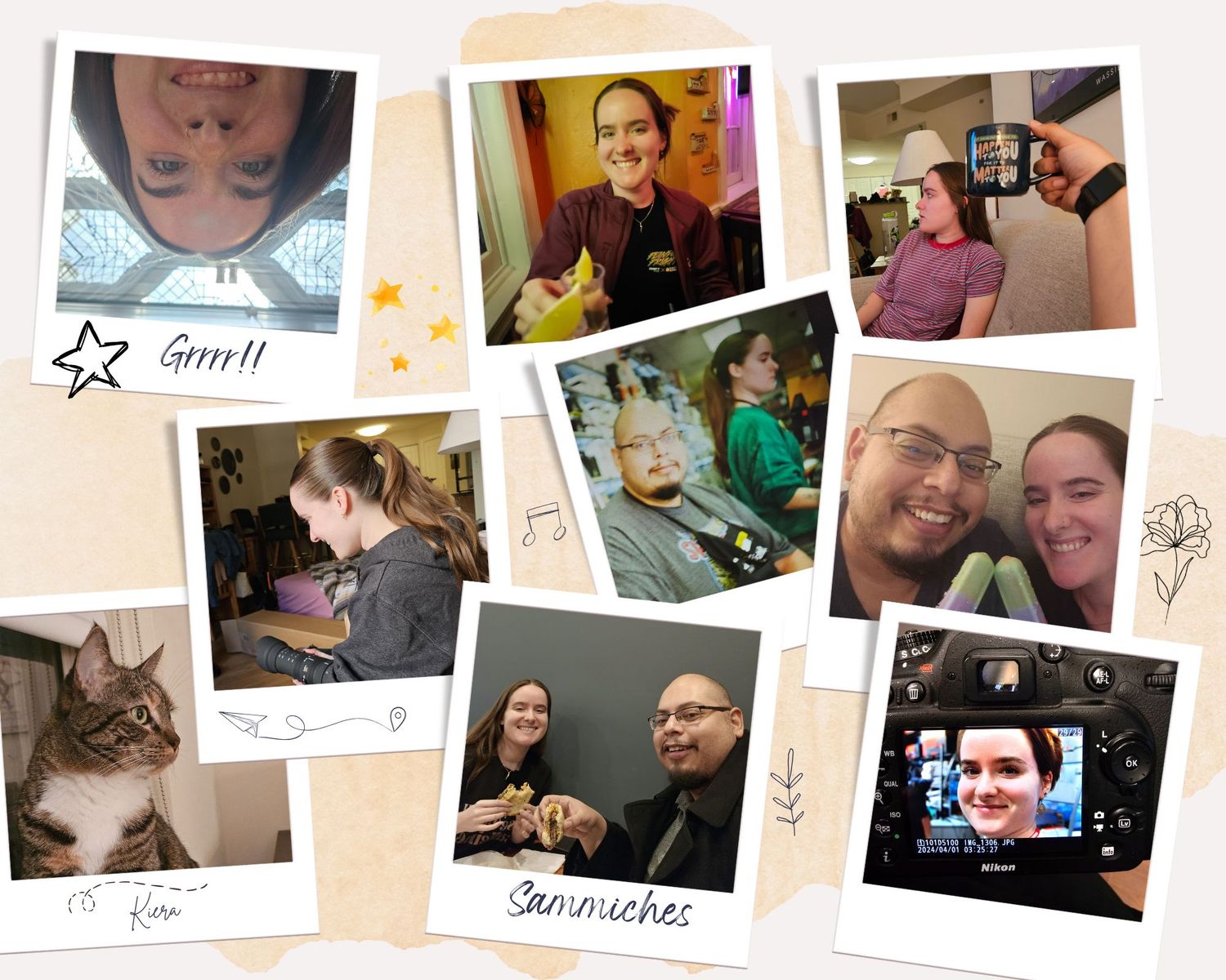 Collage of instant photos showing everyday moments and selfies with Ellie