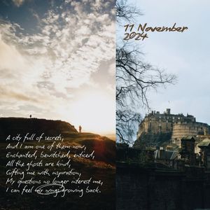 Two contrasting scenes: a silhouetted figure on a hill at sunset and Edinburgh Castle on a cloudy winter day.