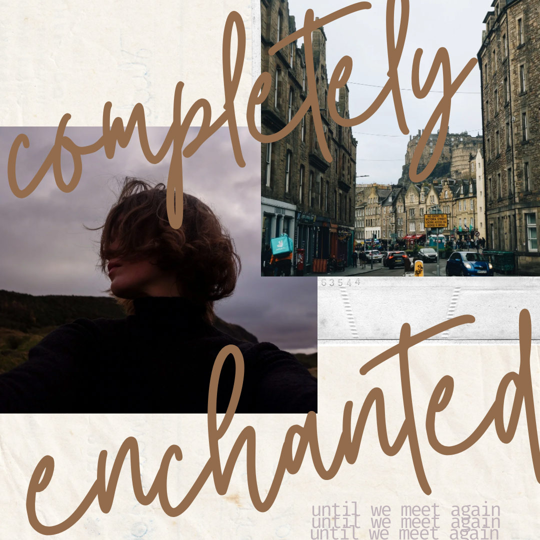 Moody collage featuring silhouettes against dramatic skyline and historic Edinburgh architecture with handwritten text overlay.