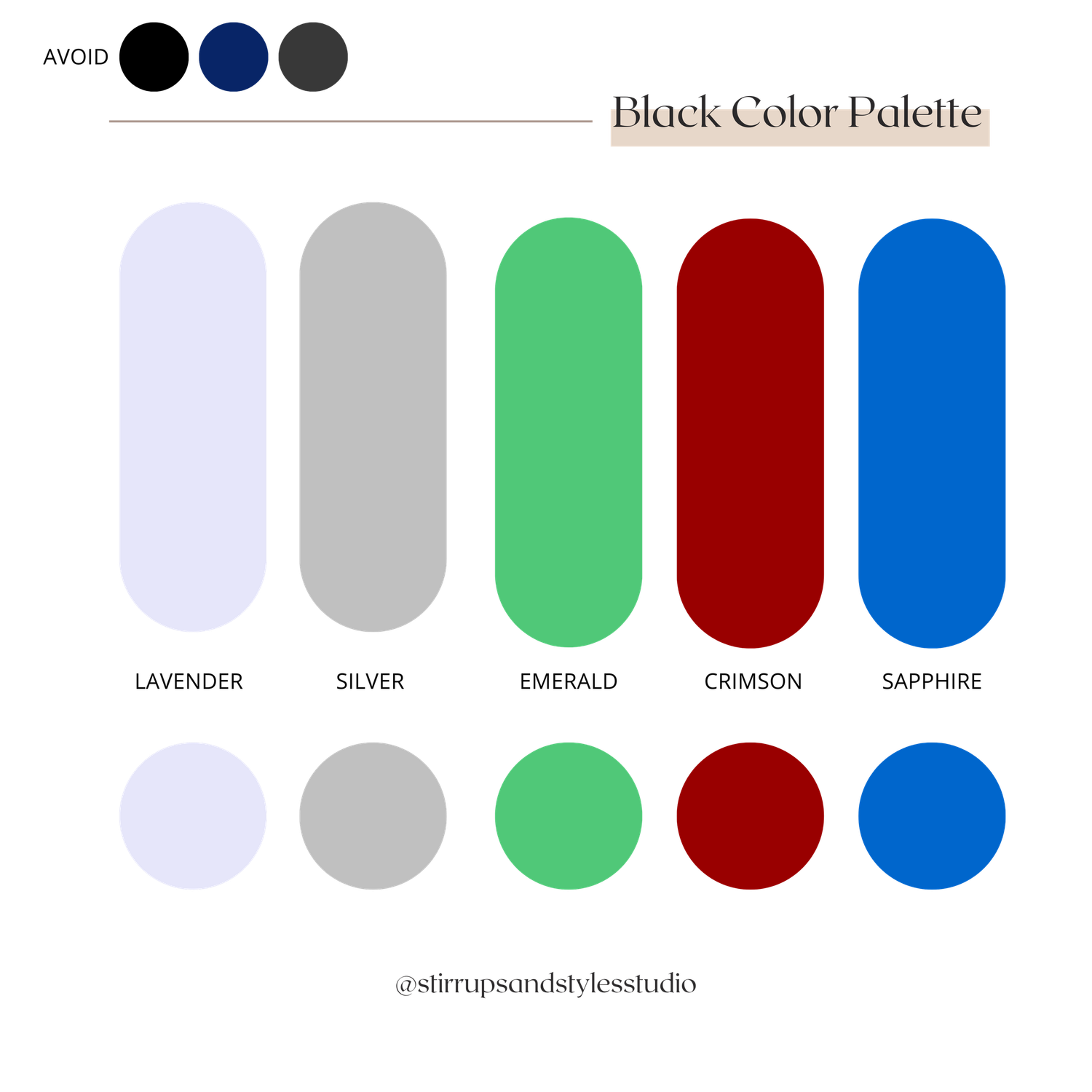 Color palette showing five elegant shades: lavender, silver, emerald, crimson and sapphire arranged in a minimalist design.