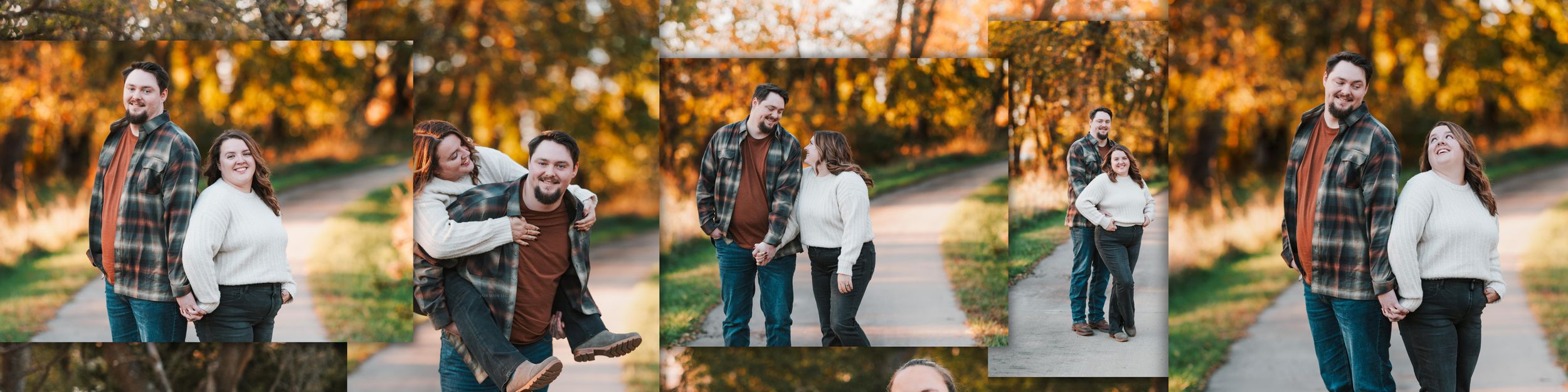 A wedding party poses in a golden outdoor setting with autumn trees and warm lighting at sunset.
