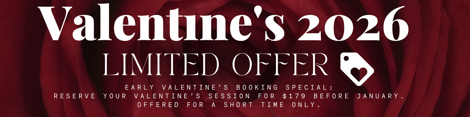 Red and black Valentine's Day 2026 promotional banner with limited offer tag and elegant design elements.