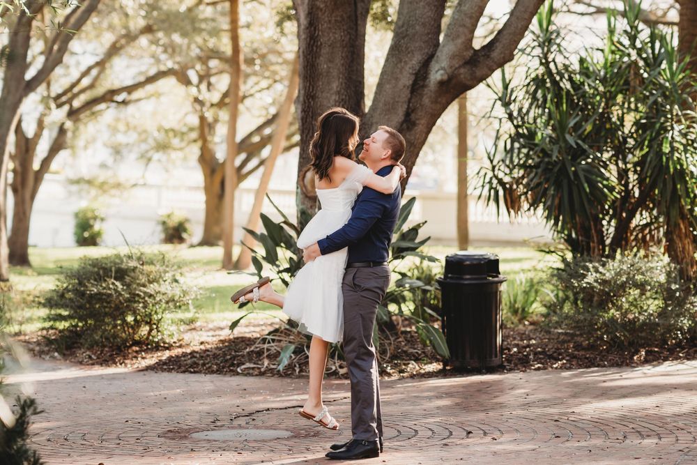 Soft, romantic engagement photos at sunrise in Tampa Florida with historic architecture