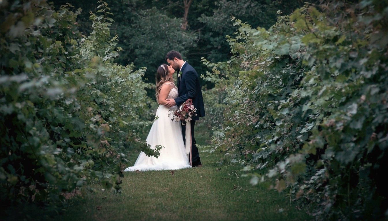 Wedding couple walking through a lush garden pathway surrounded by greenery.