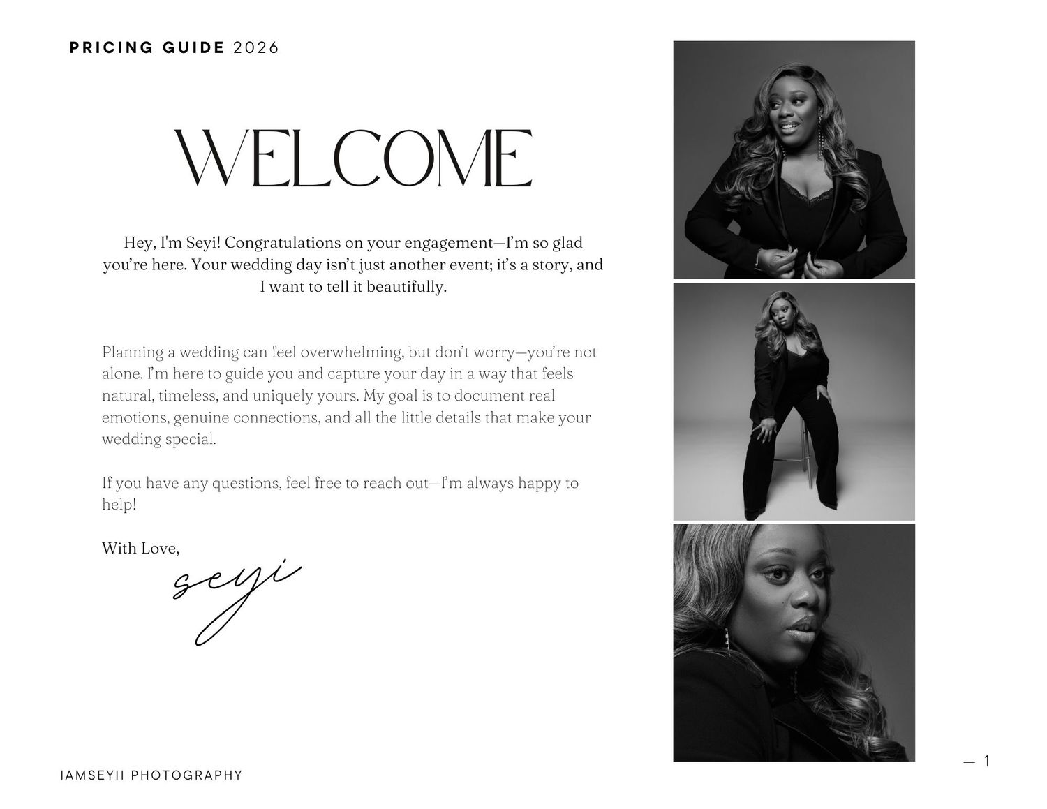 Black and white welcome page spread from a fashion or editorial magazine with stylish portrait photographs.