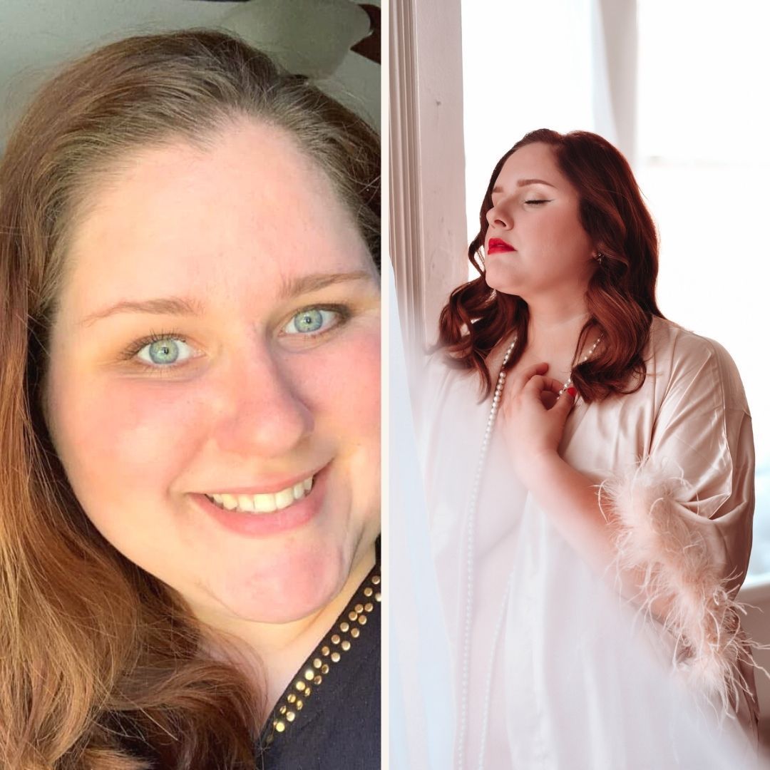 Before and after photo of a boudoir client in cape girardeau studio that shows her face natural and then after her professional makeup.