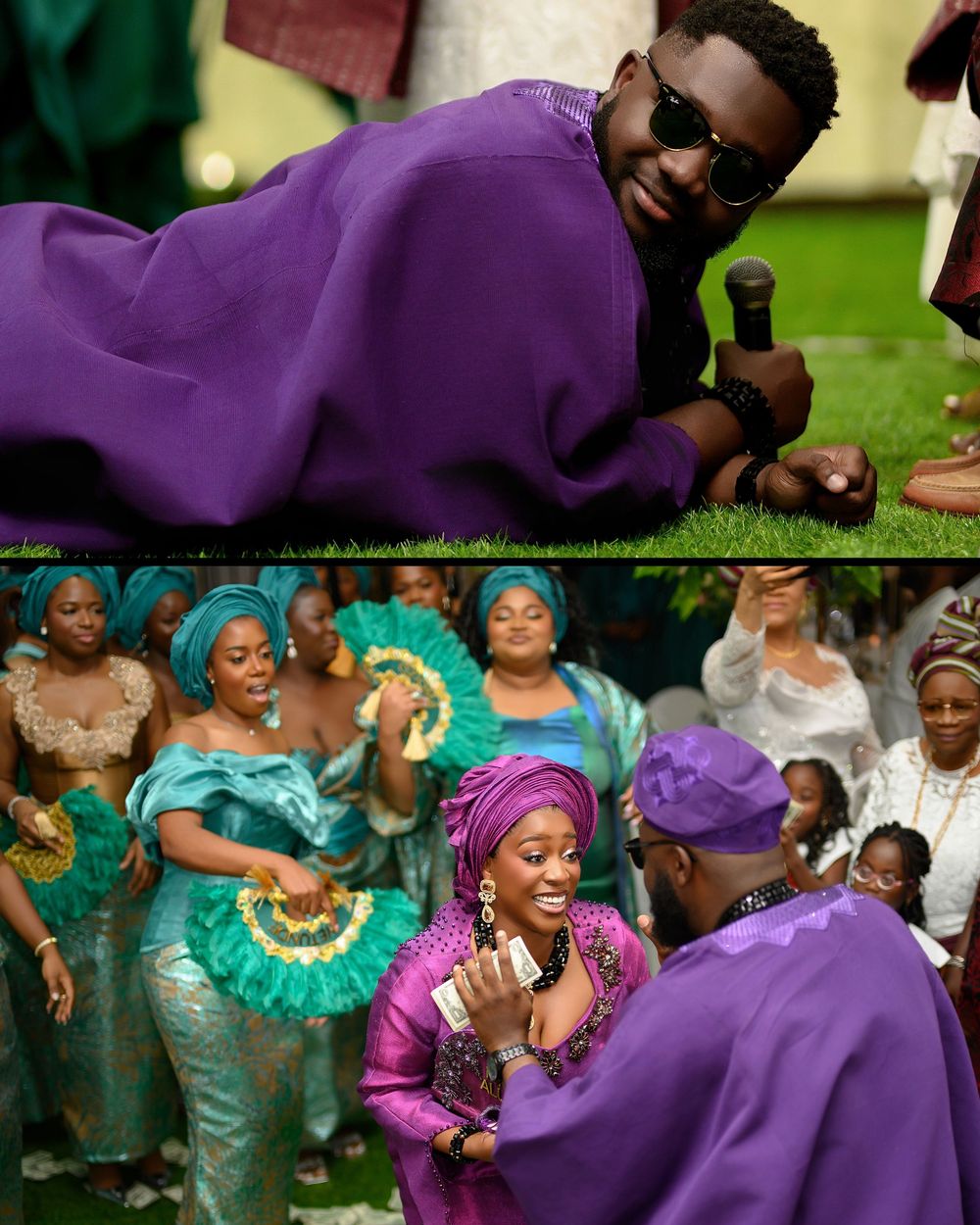 Wedding party members in purple and teal outfits dance and celebrate during a lively reception celebration.