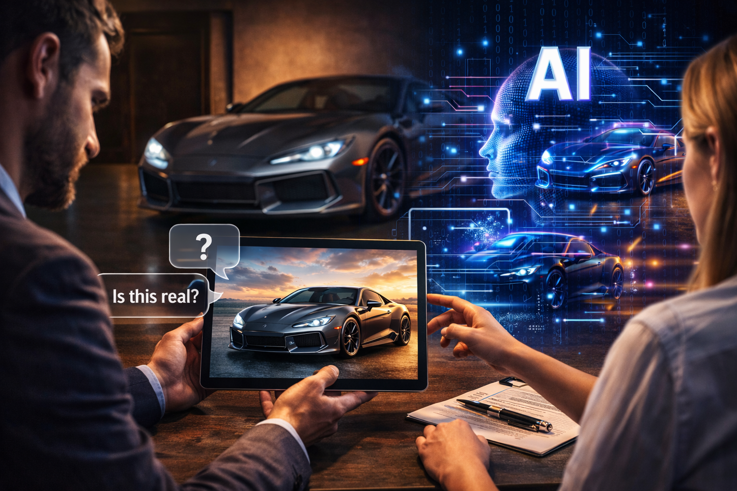 Multiple screens display AI technology and automotive interfaces in a dark workspace environment.