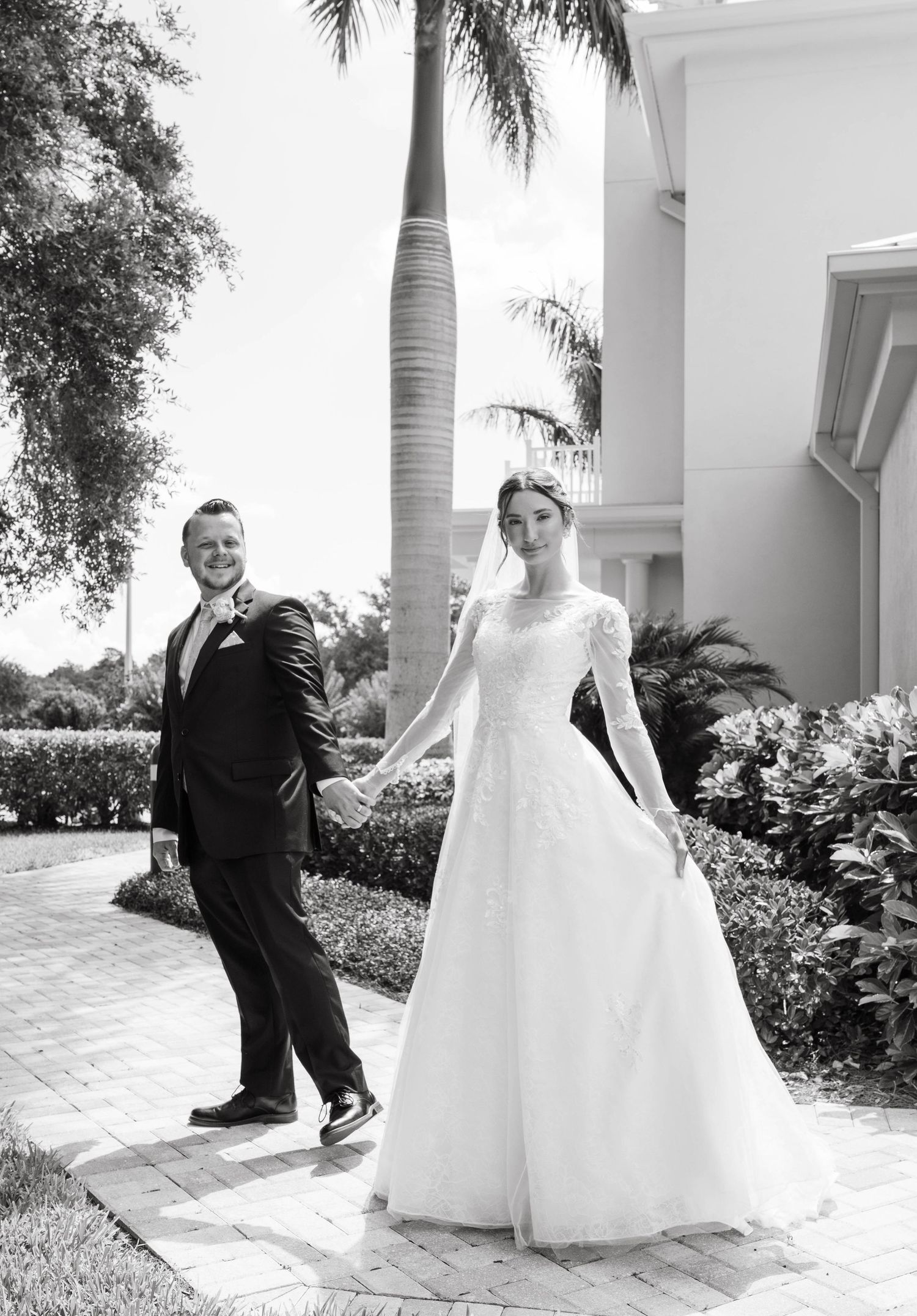 A sequence of wedding photos showing a bride in a white gown and groom walking outdoors near palm trees.