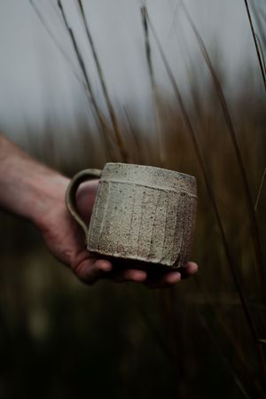 Hand holding a rustic ceramic mug with textured pattern against blurred reeds in moody natural lighting.