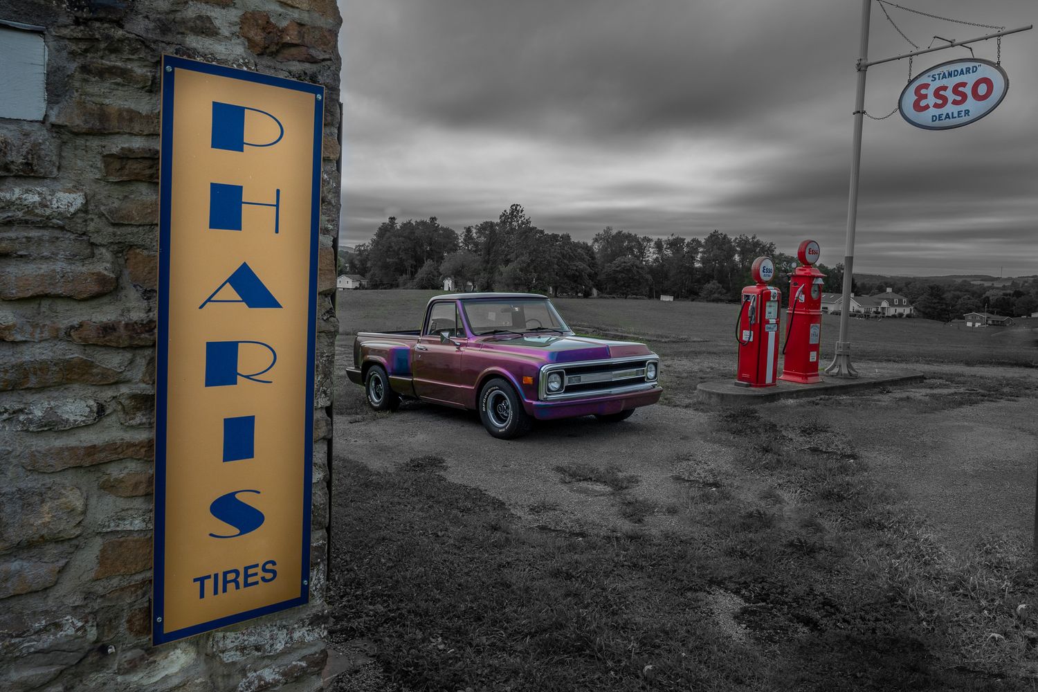 A selective color photo series showing vintage cars and figures against desaturated backgrounds with blue accents.