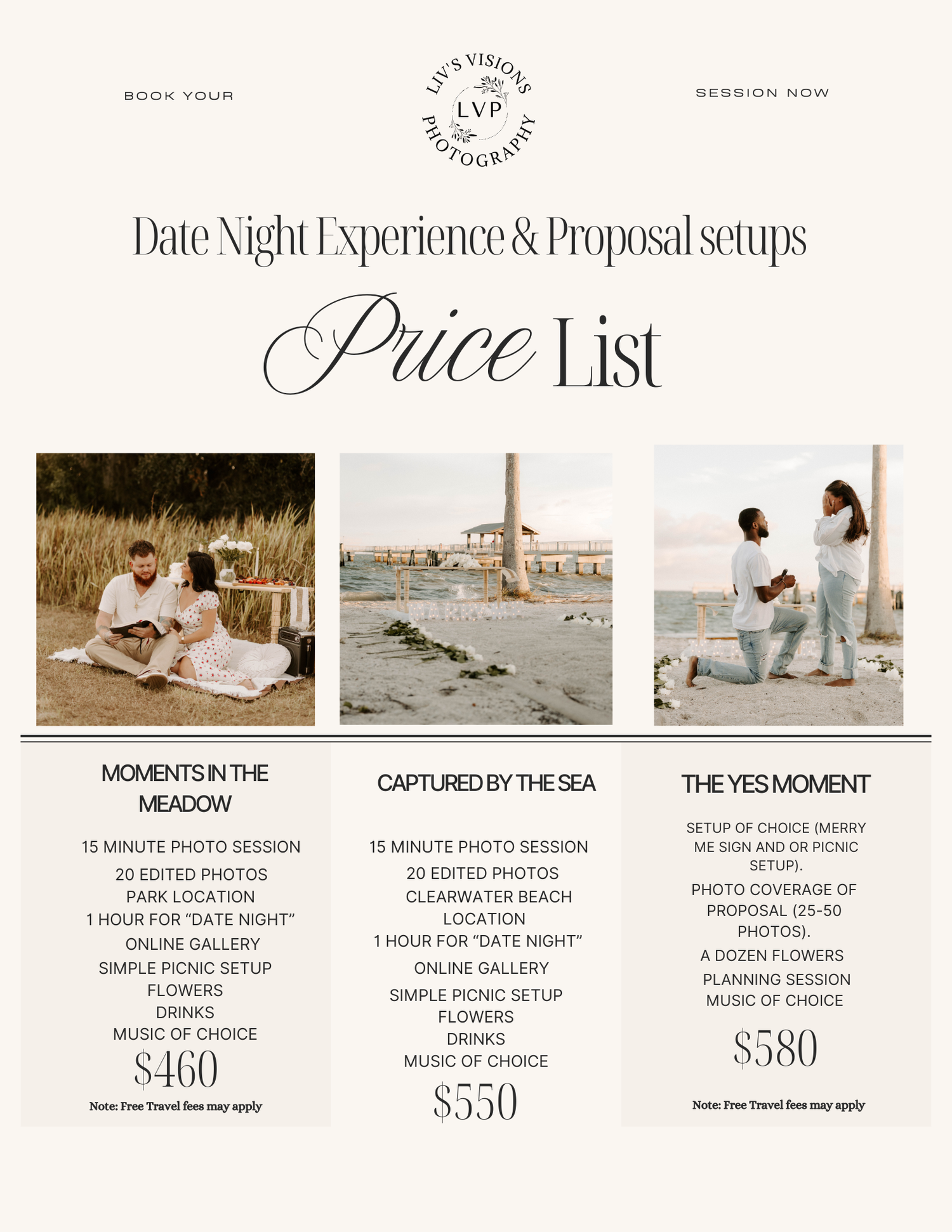 Wedding photography price list showing various packages and romantic beach photo session setups with elegant text layout.